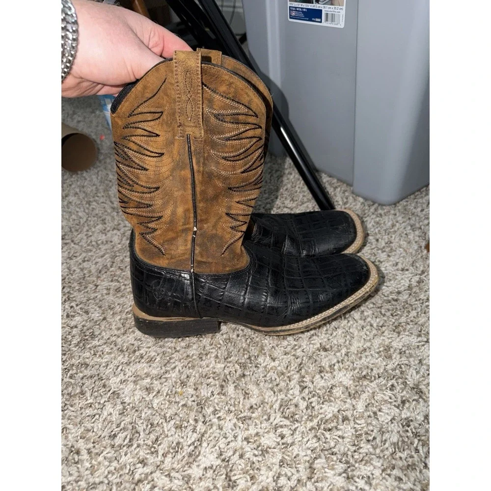 Ariat Brown Black Croc Leather Cowboy Boots Square Toe Size 3.5 Style 10023073